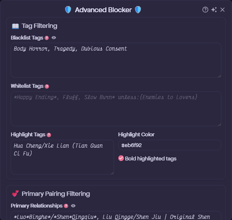 Advanced Blocker settings panel