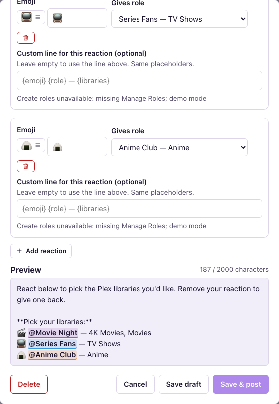 Reaction post editor with a live preview of the Discord message