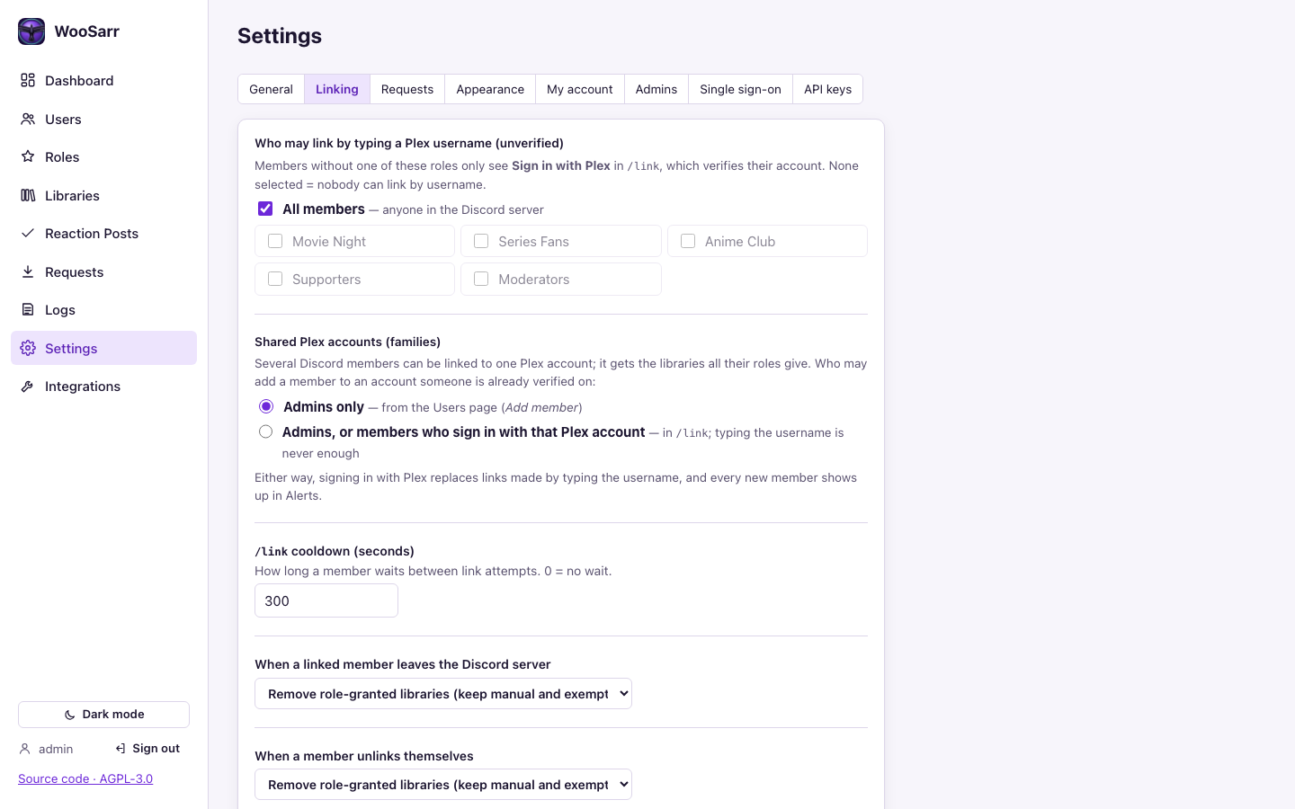Settings: linking rules