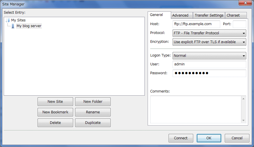 Screenshot of the FileZilla site manager window.