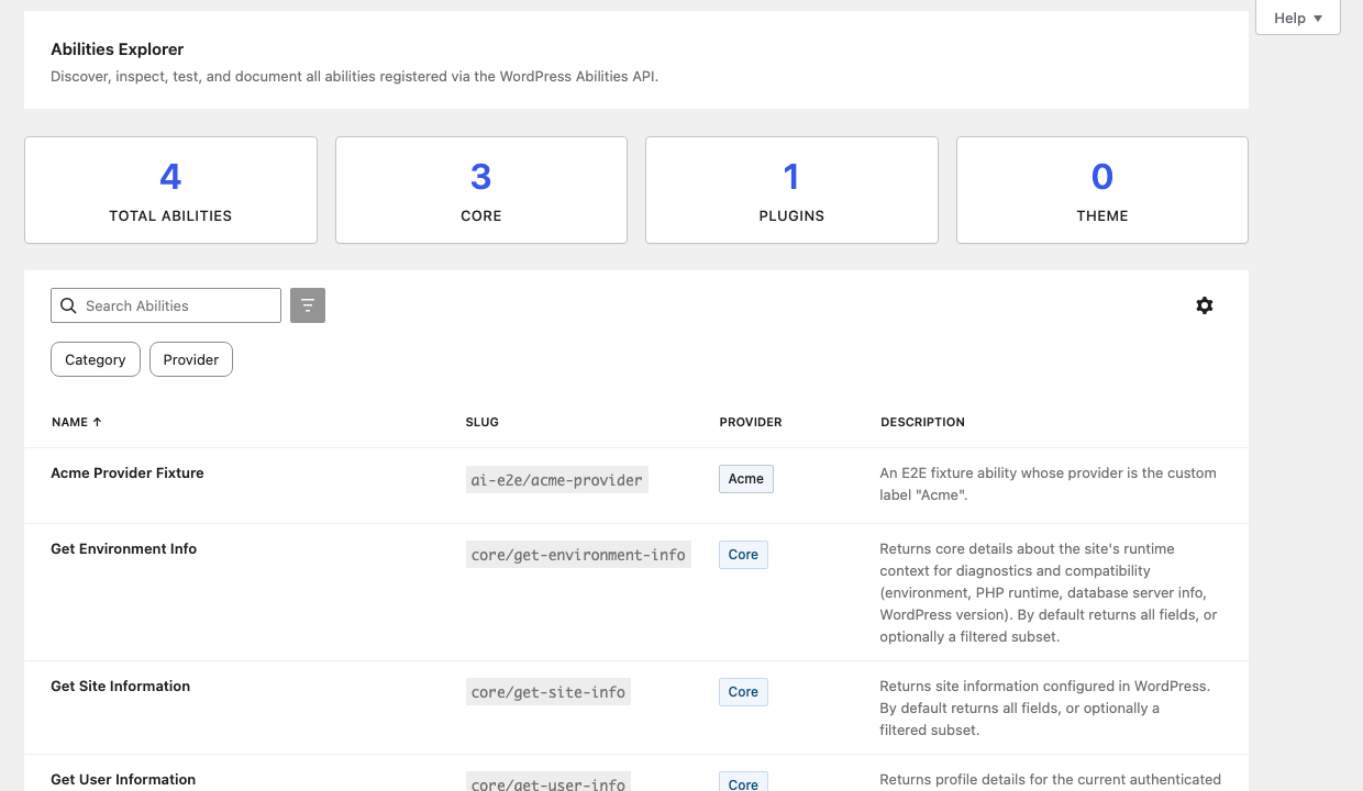 Abilities Explorer list after: spacing under the header, no Refresh button, and a wrapped description column