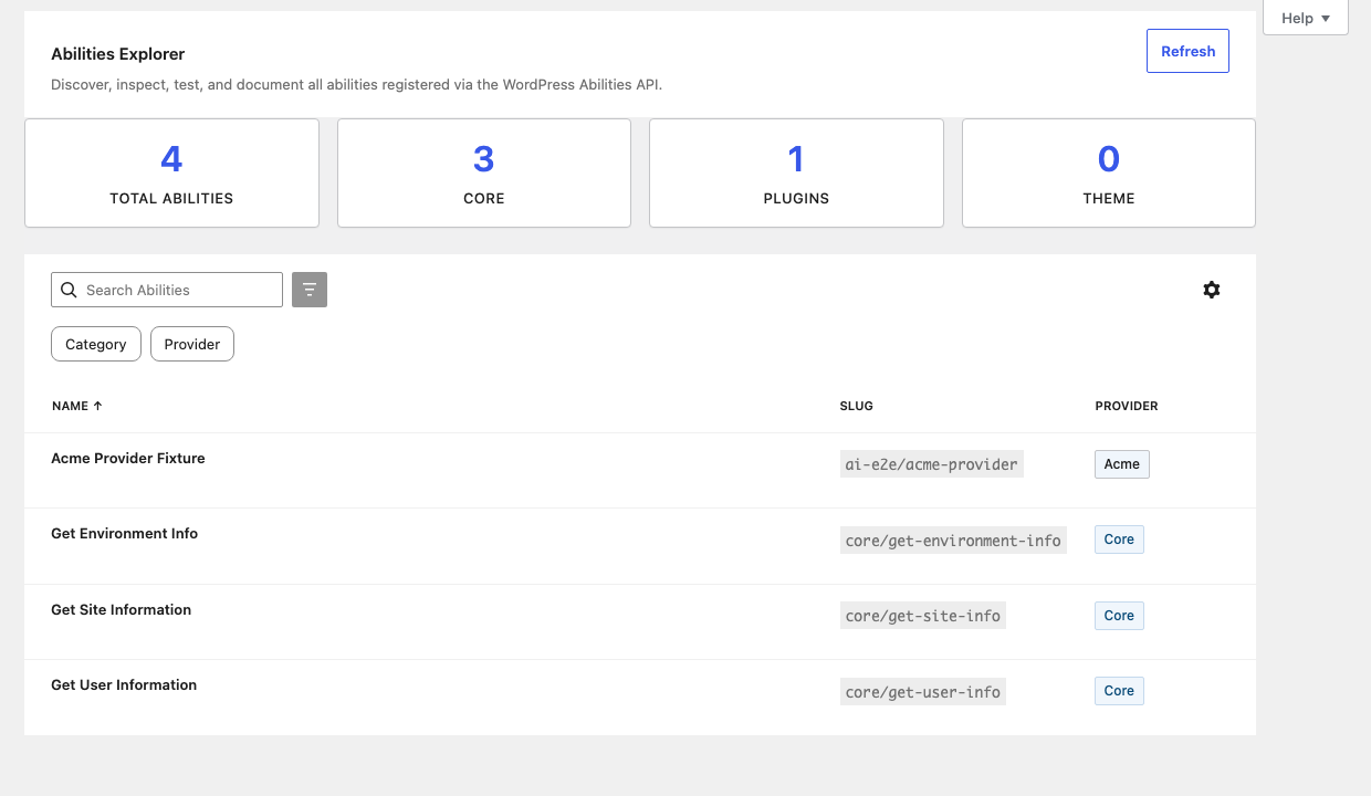 Abilities Explorer list before: no gap under the header, a Refresh button, and no description column