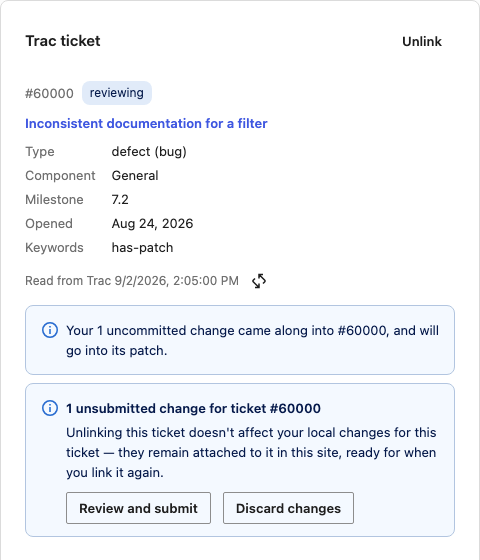 The same card with a carried-edits notice and the unsubmitted changes notice, with Review and submit and Discard changes buttons