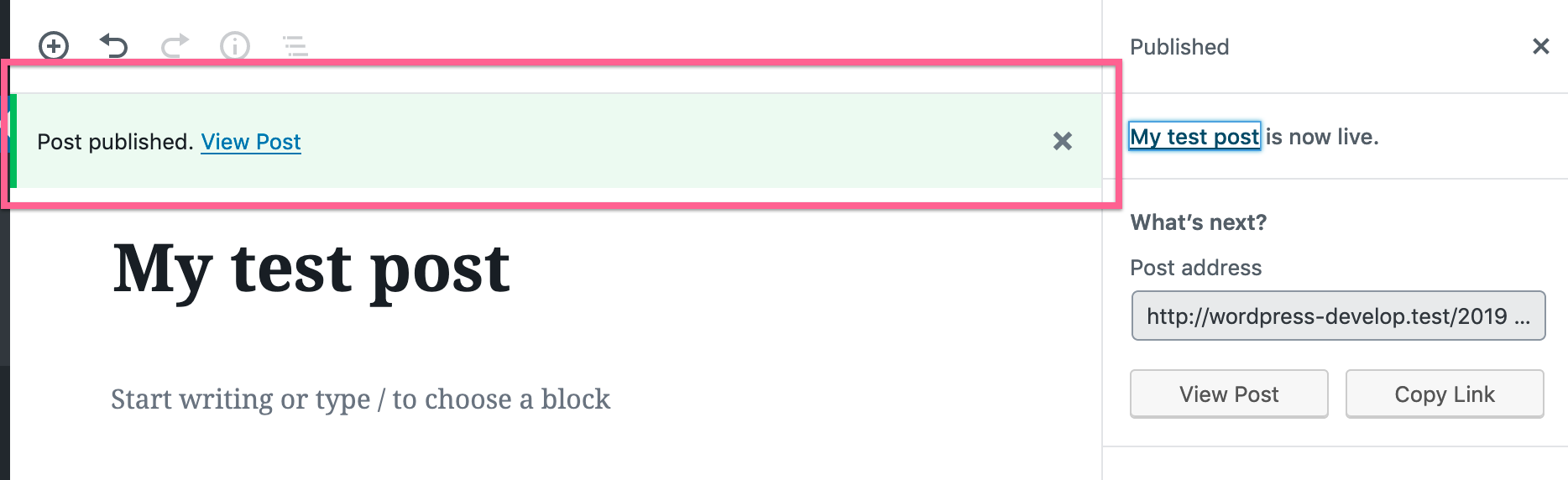 Post published in the block editor