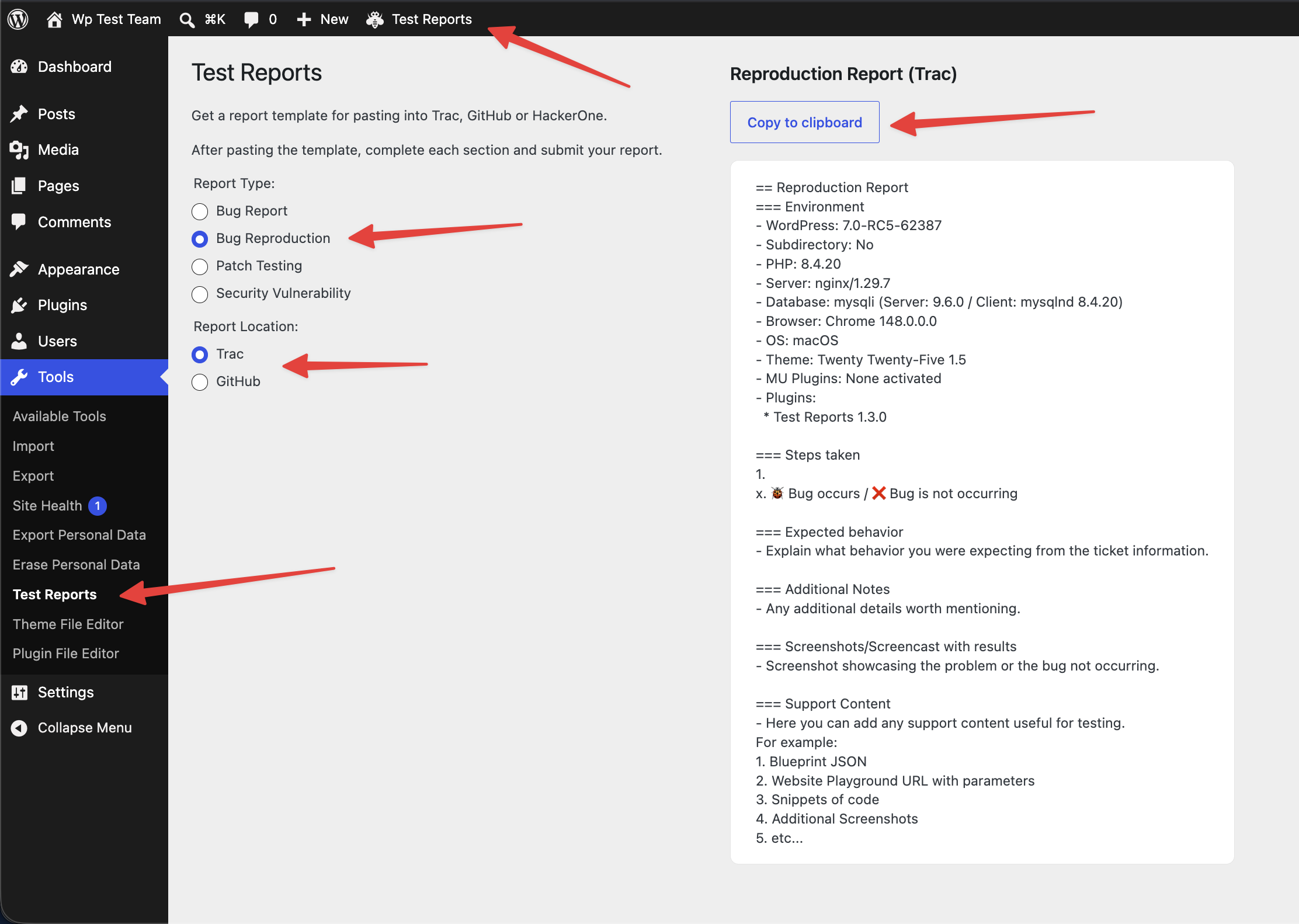 Test Reports plugin: admin toolbar menu, Report Type and Report Location selection, and generated reproduction report output