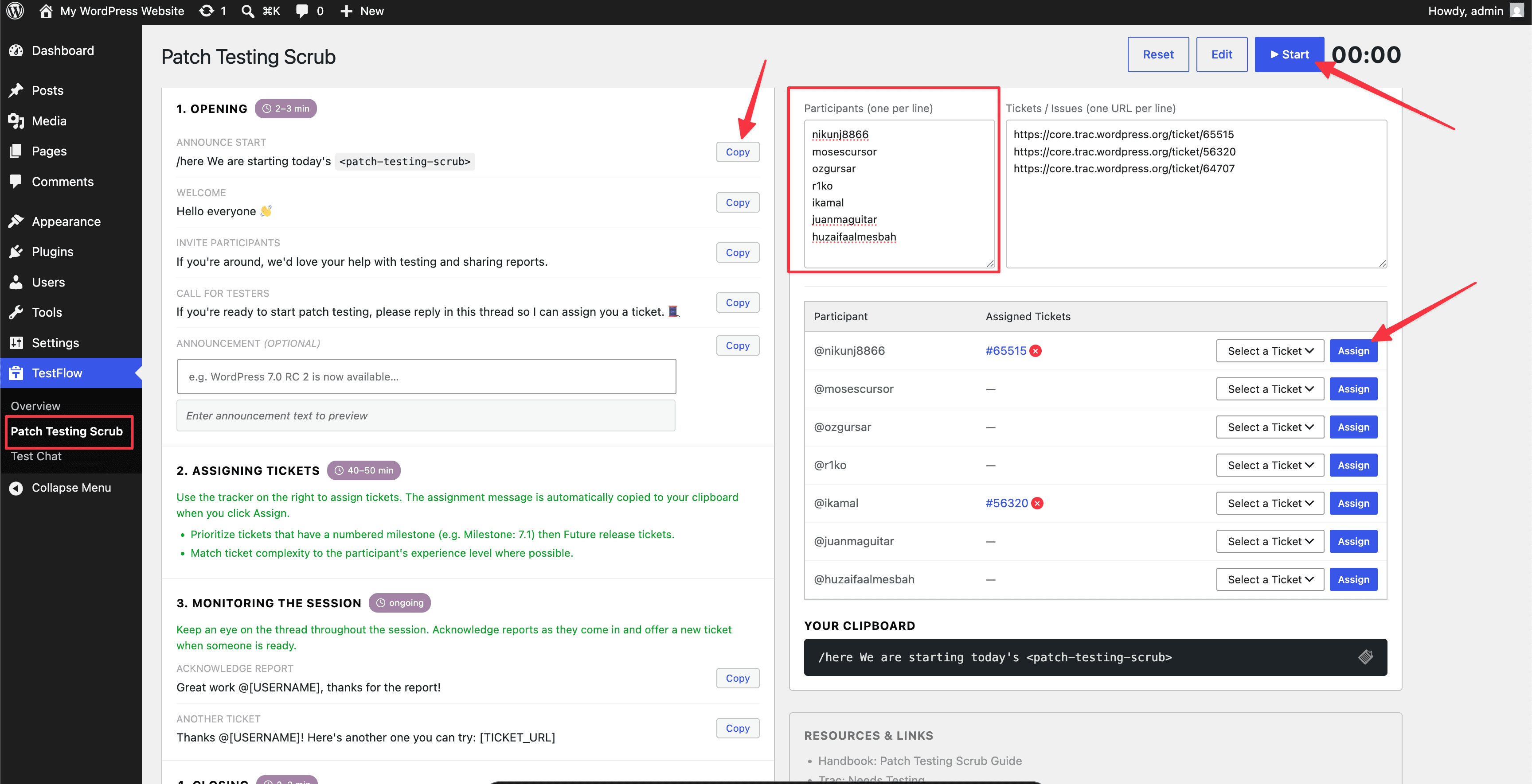 TestFlow Patch Testing Scrub screen: session script with Opening, Assigning Tickets, and Monitoring the Session steps and Copy buttons on the left, and a tracker with Participants, Tickets / Issues, an assignment table, a clipboard preview, and Resources & Links on the right