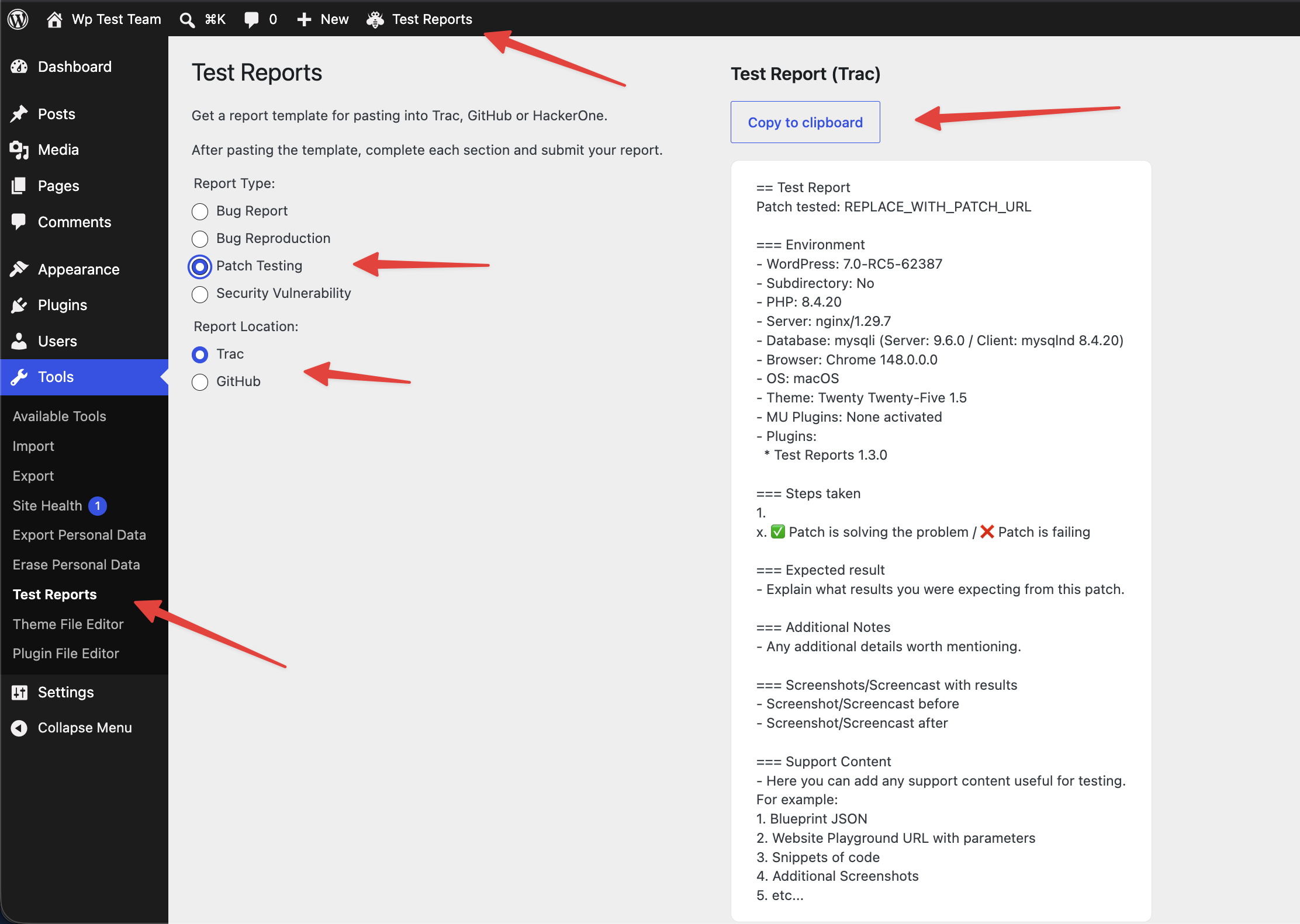 Test Reports plugin: admin toolbar menu, Report Type and Report Location selection, and generated patch testing report output