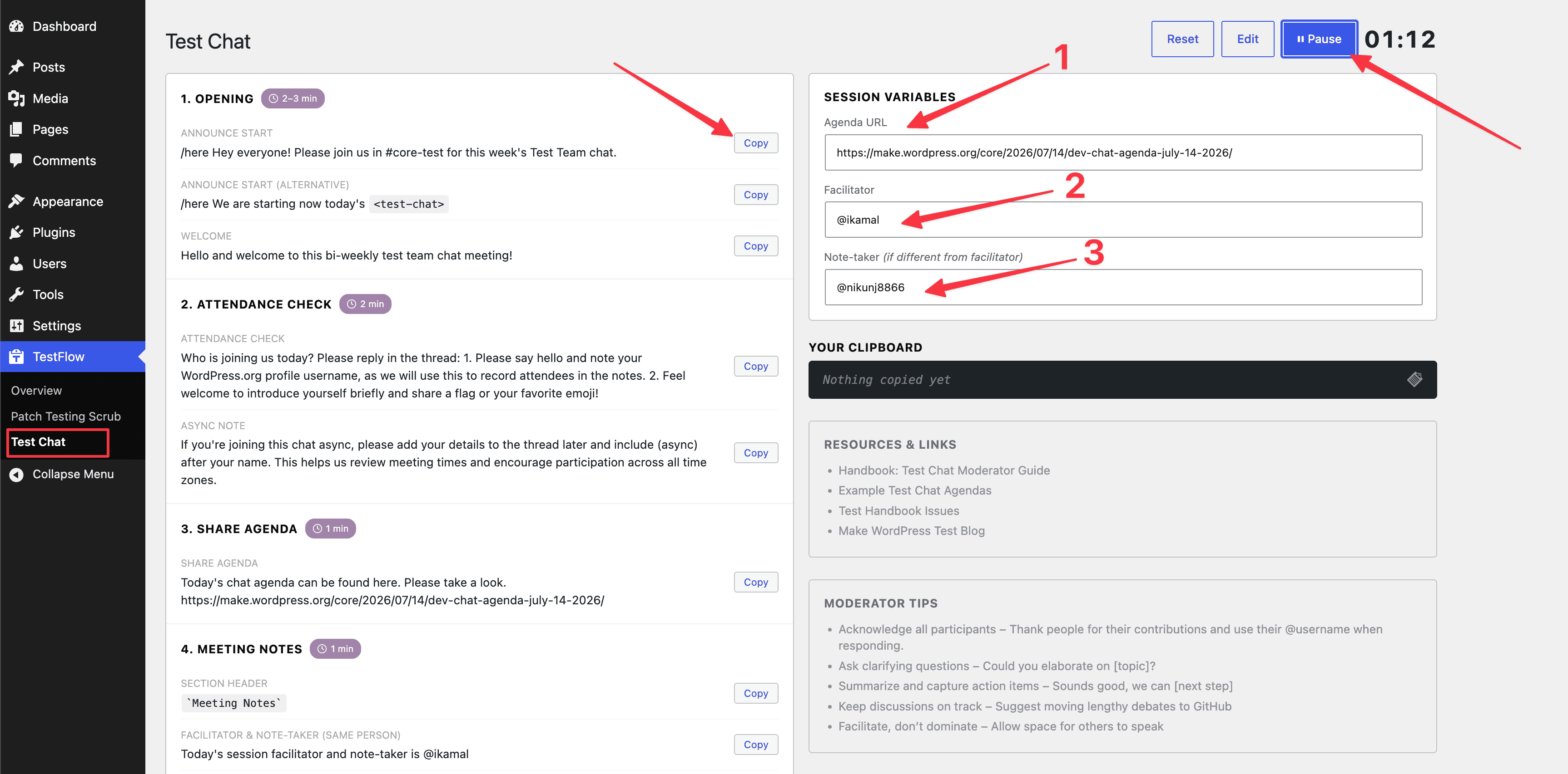 Test Chat screen: session script with Opening, Attendance Check, Share Agenda, and Meeting Notes steps and Copy buttons on the left, and Session Variables (Agenda URL, Facilitator, Note-taker), Your Clipboard, Resources & Links, and Moderator Tips on the right