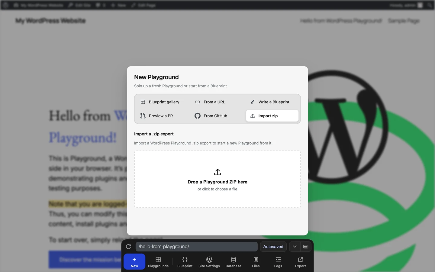 Ang New Playground pane na naka-select ang Import zip
