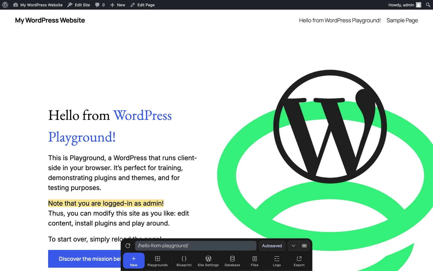 Ang Playground web instance na may nakikitang Dock sa ibaba ng pahina