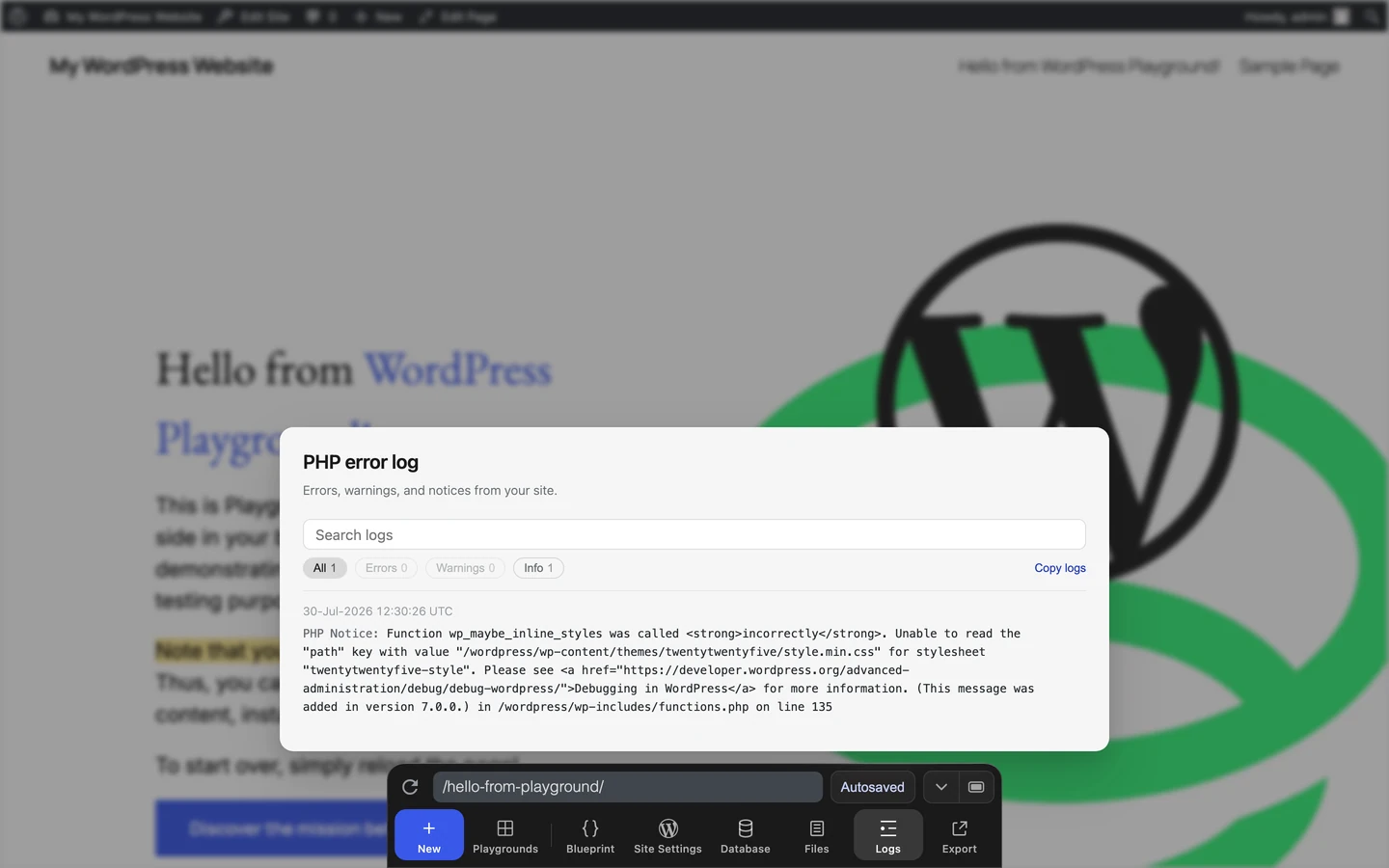 The PHP error log pane showing PHP log output