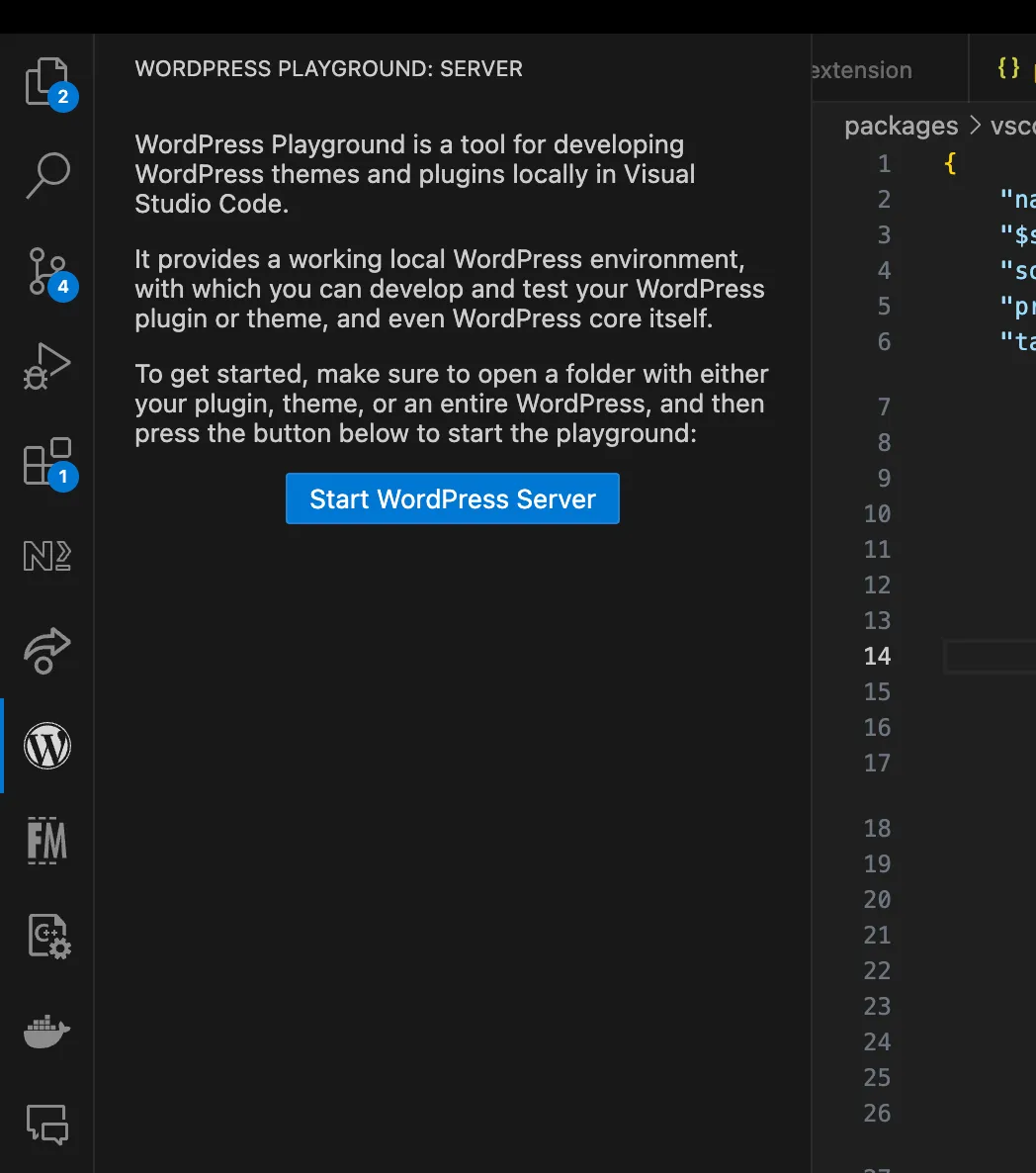 Start WordPress Server button in the VS Code extension