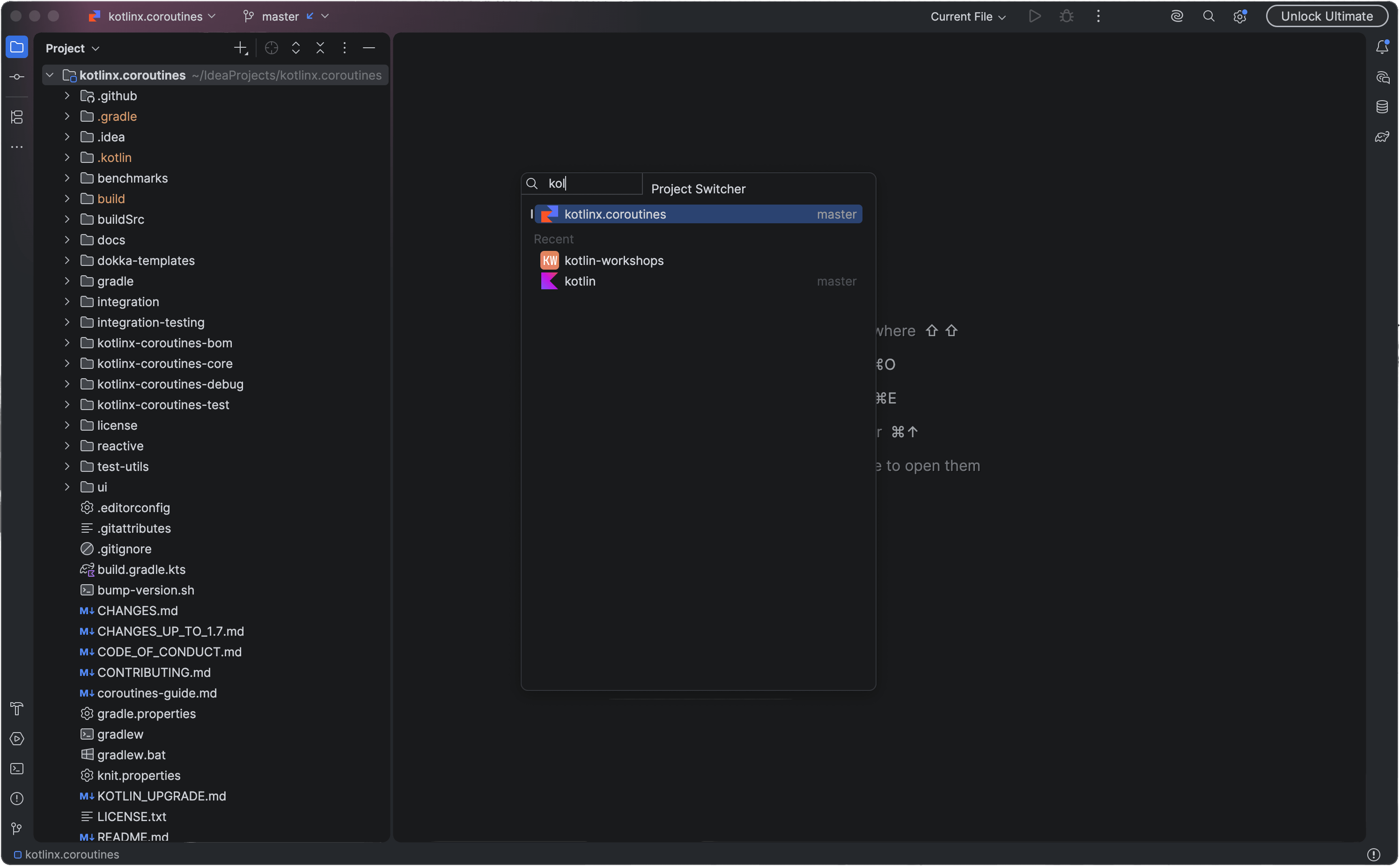 Project list filtered by the typed search
