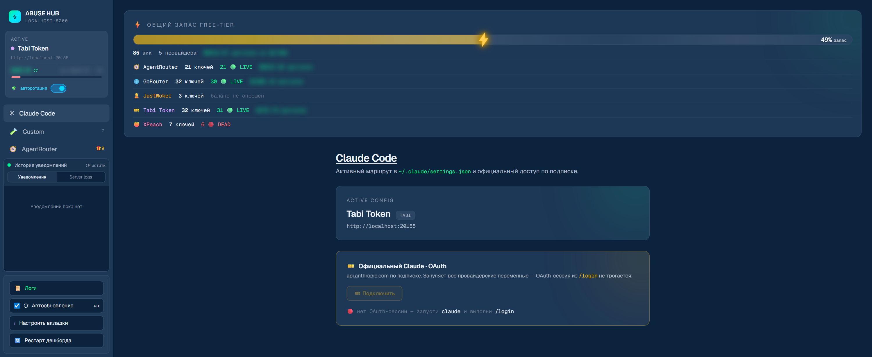 Дашборд ABUSE HUB: активный маршрут Claude Code, общий запас free-tier, переключение шлюза из сайдбара