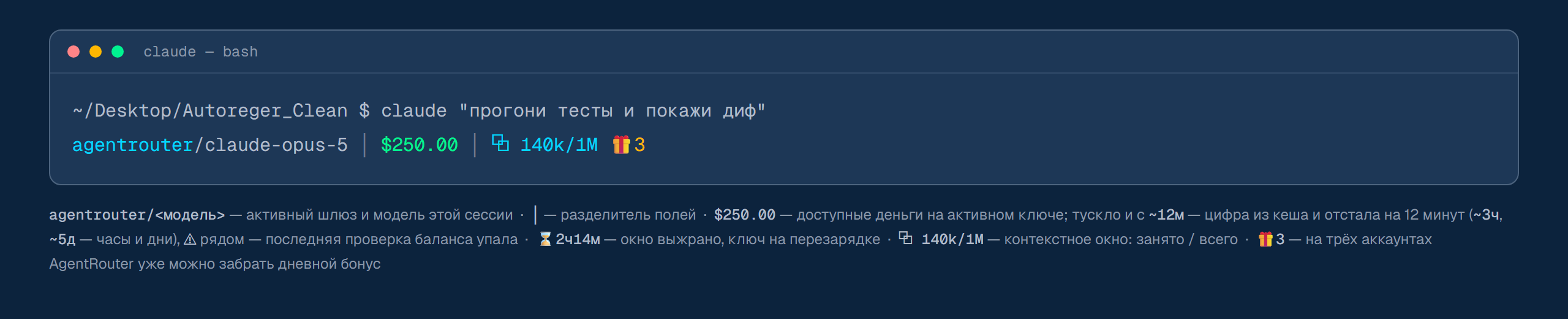 Статуслайн Claude Code: шлюз и модель, баланс активного ключа, контекстное окно, готовые подарки