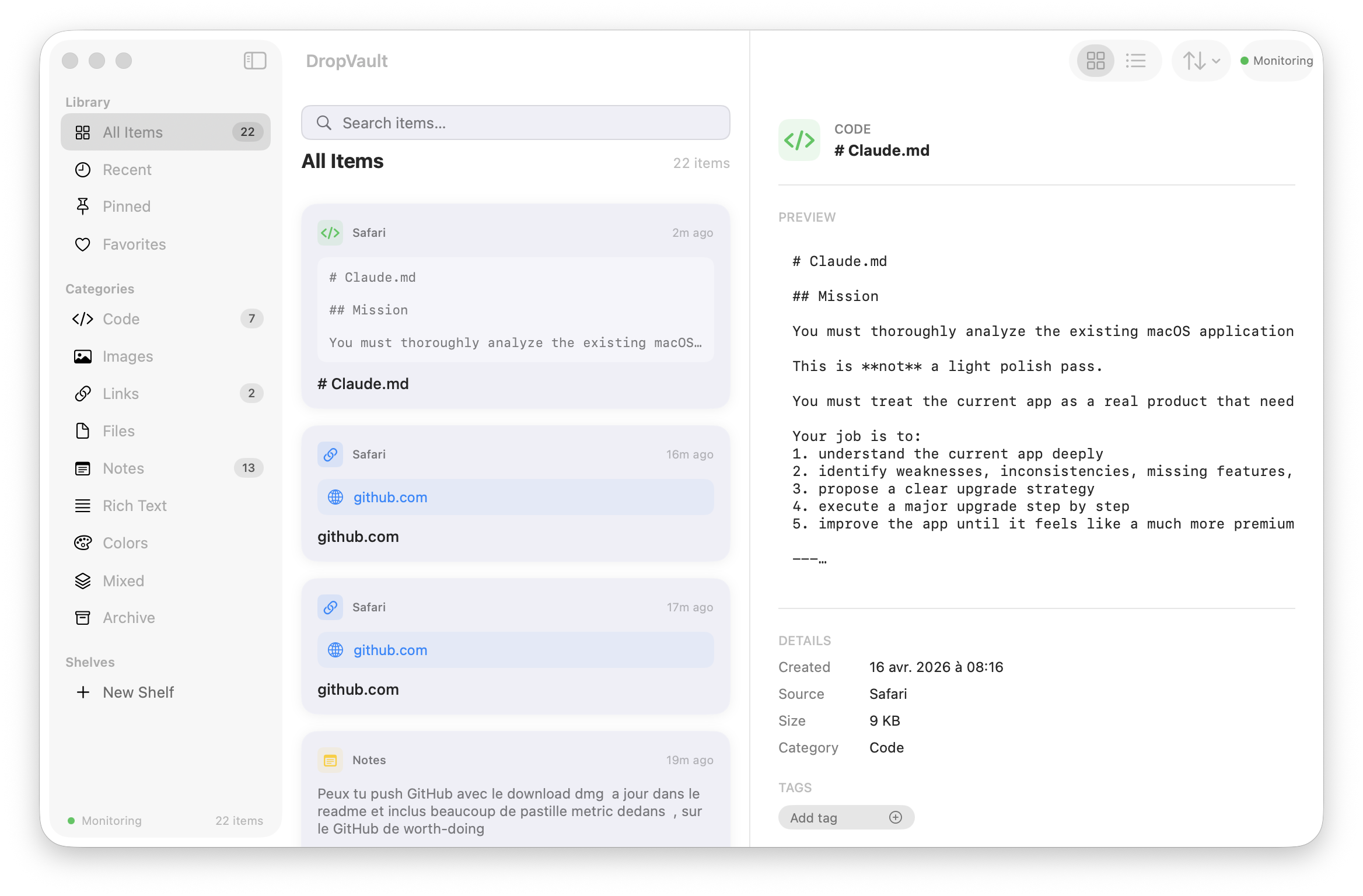DropVault — List View