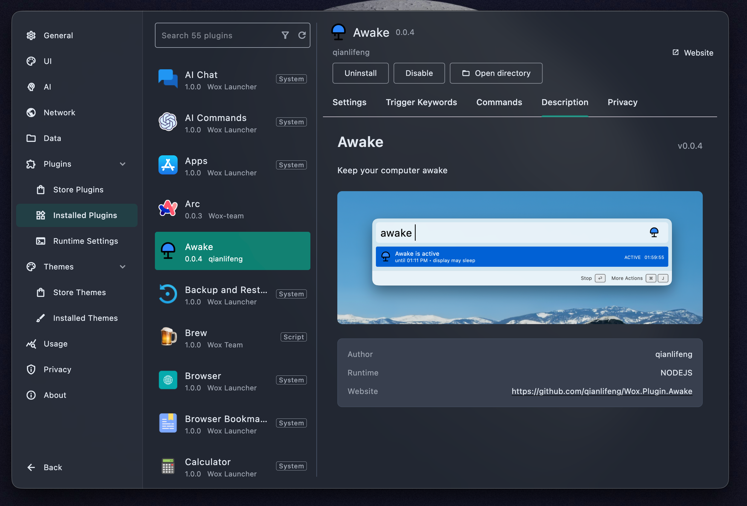 Wox plugin settings showing installed plugins and the selected Awake plugin