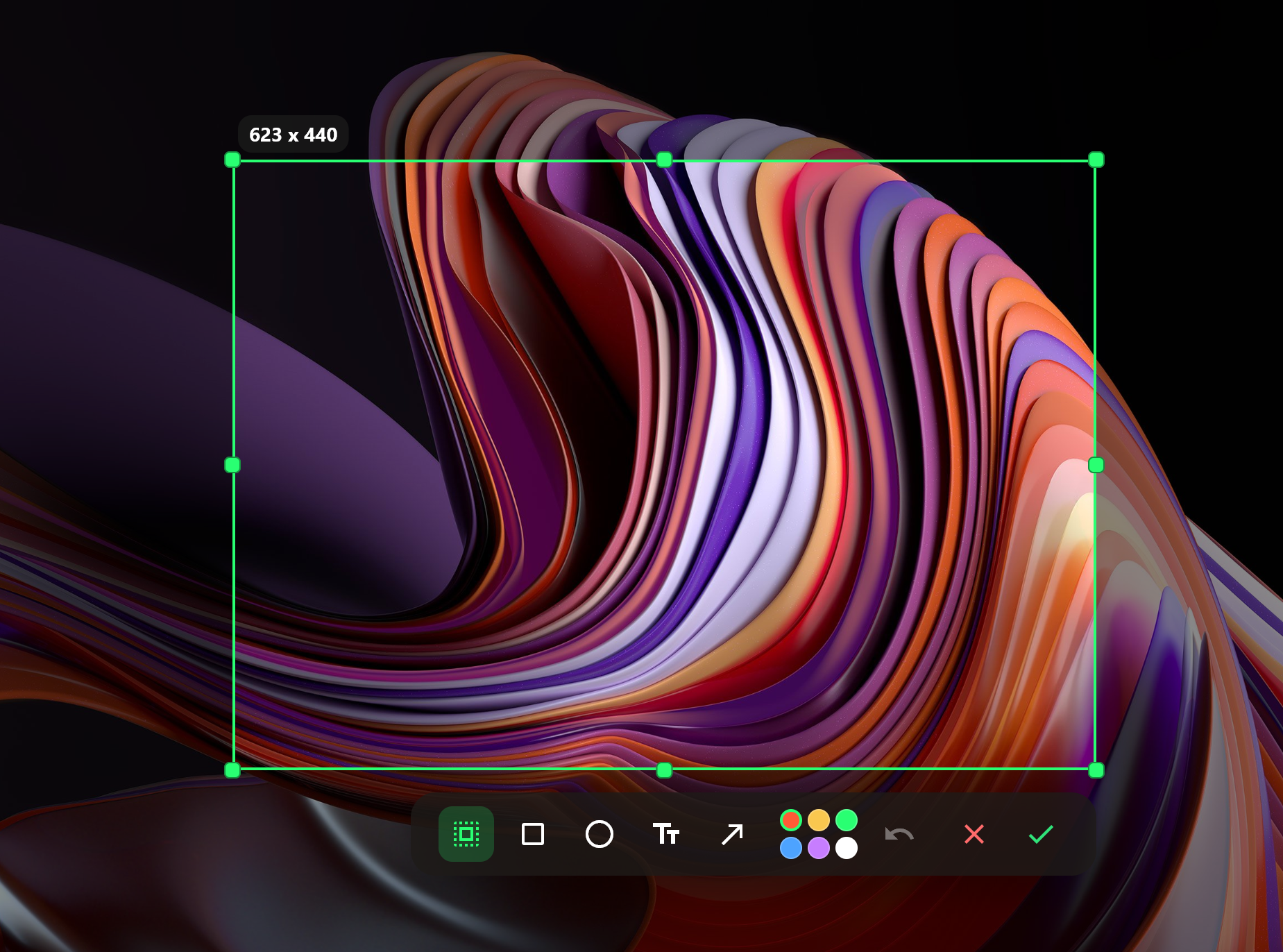 Wox screenshot tool with an active selection and annotation controls