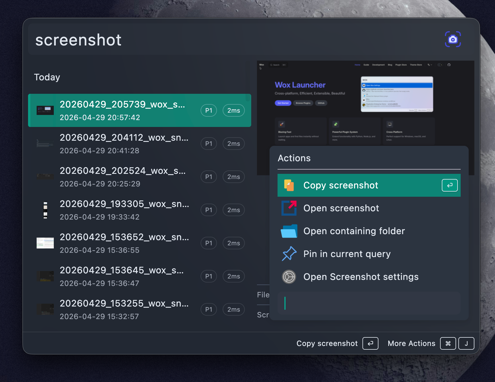 Wox searching screenshots with a file preview and actions to copy, open, or reveal the selected result