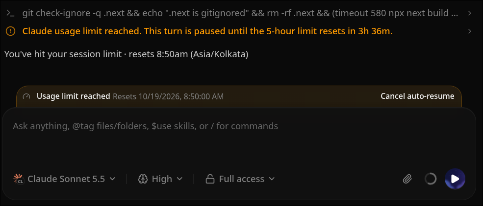 Usage limit banner showing only Cancel auto-resume, with no snooze button