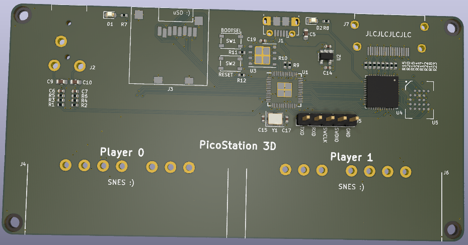 Top view of board, showing an RP2040 microcontroller, iCE40 UP5k FPGA, 8MB HyperRAM, HDMI socket, micro SD receptacle, audio jack, two SNES controller ports, micro USB for power + data.