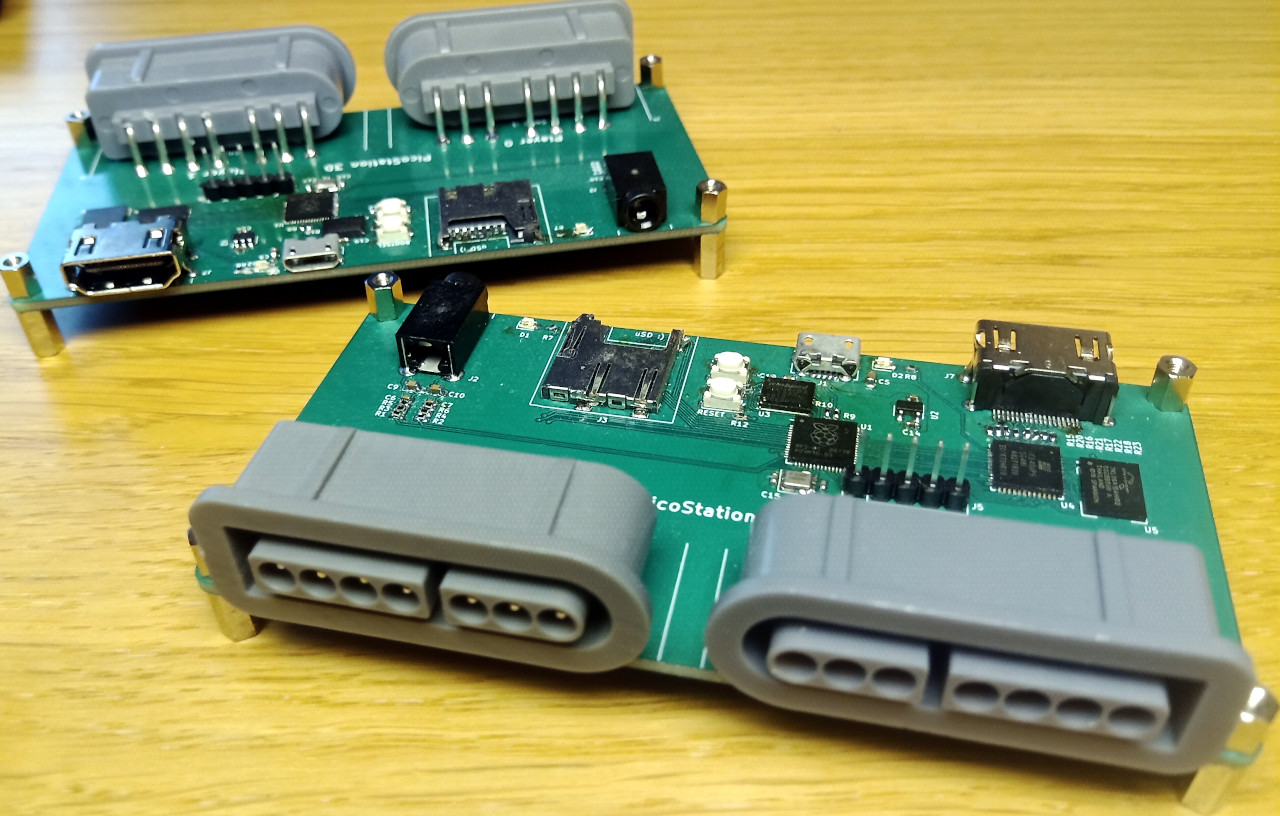 Front view of a prototype board, showing the two SNES controller connectors soldered to the front