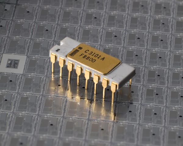 Intel C3101A chip on a silicon wafer, three-quarter view: white ceramic 16-pin DIP, gold lid 'i C3101A F8800', gold pins
