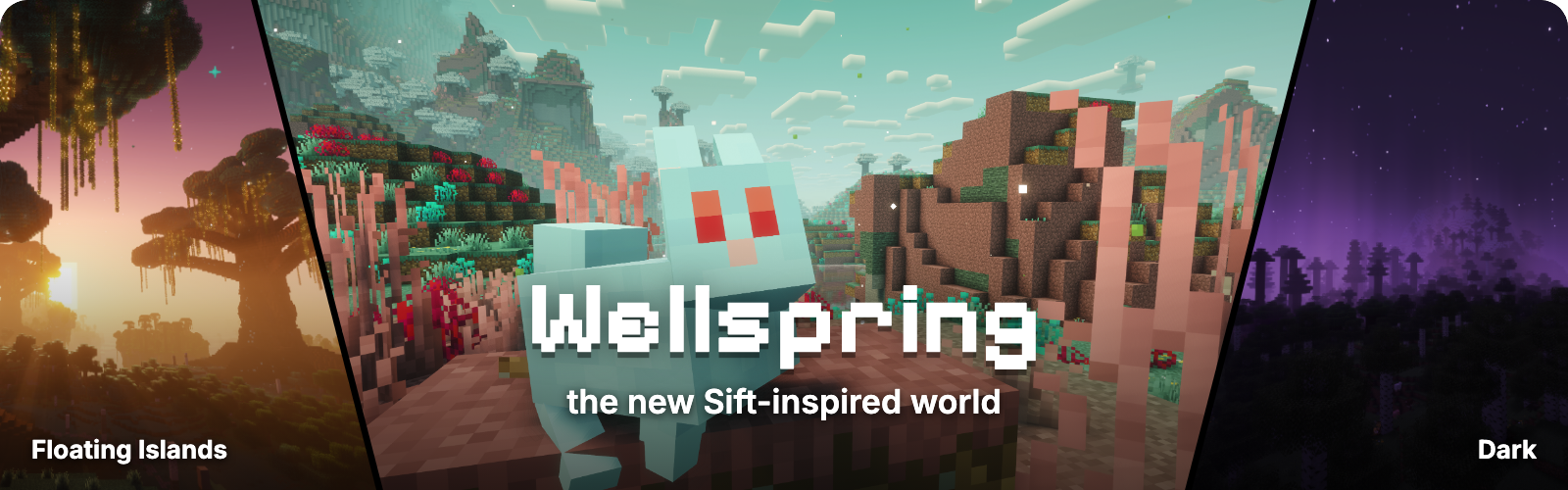 Three Stargate worlds: Floating Islands at sunset, Wellspring, the new Sift-inspired world, with a blub in its coral meadow, and the Dark dimension under a violet sky.