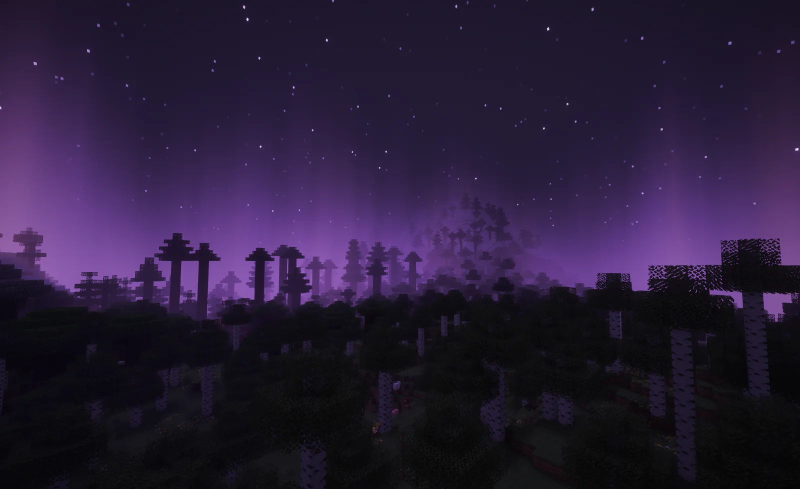 The Dark world at night: a dim forest under a violet sky with faint stars