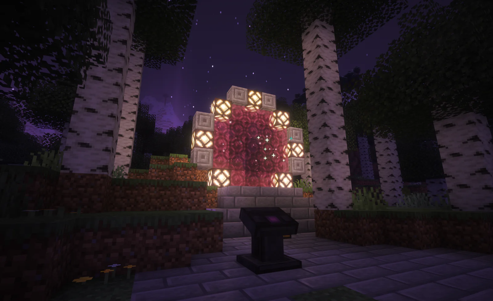 An open stargate in a birch forest at night, glowing coral pink because it leads to Wellspring, with its control panel in front
