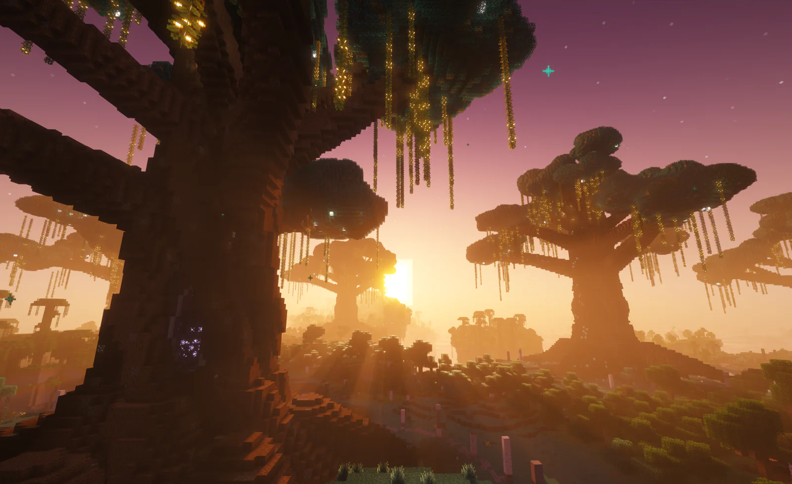Colossal heart trees with glowing hanging vines in the Floating Islands at sunset