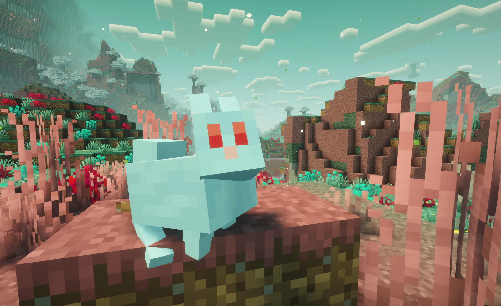 A blub, a glowing blue rabbit-like creature, sitting in Wellspring's coral-pink meadow under a turquoise sky