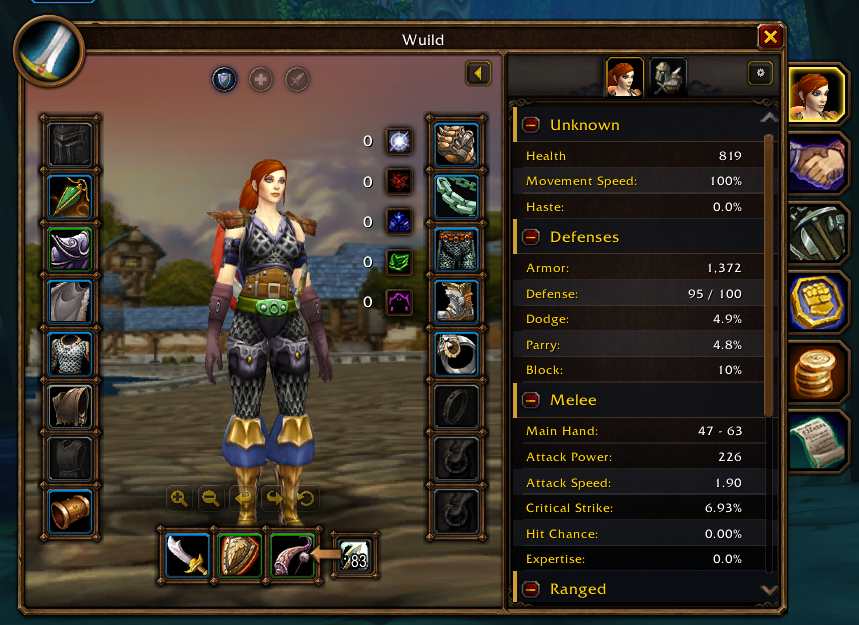 ExtraStats character window with grouped stats, role controls, and resistance indicators beside the equipment slots