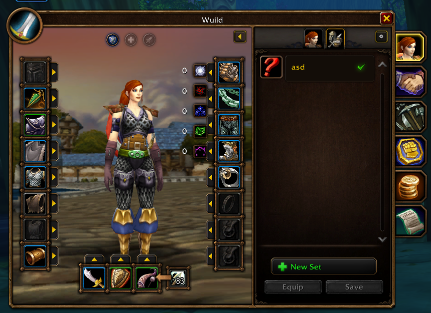 ExtraStats character window with the native equipment manager, a saved equipment set, and New Set, Equip, and Save controls