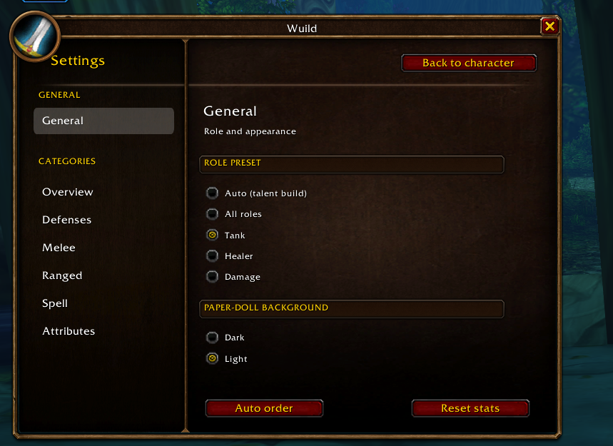 ExtraStats settings showing role presets, category navigation, and Dark or Light paper-doll backgrounds