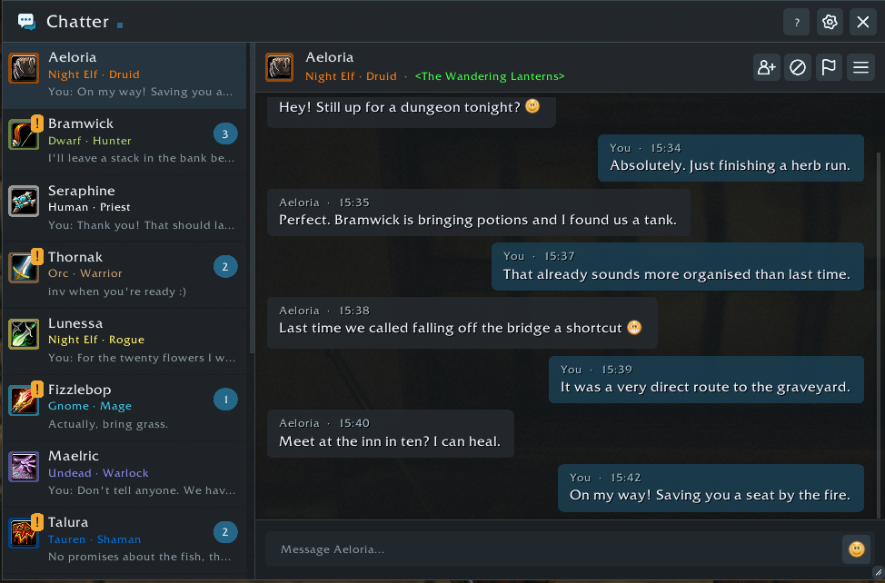 Whispr's combined inbox with class icons, unread badges, and a conversation
