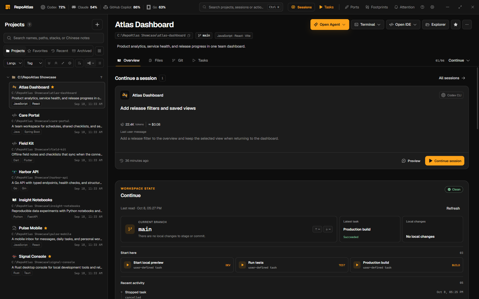 The RepoAtlas library view with Project Collections, distinct Project icons, branch state, and attention items