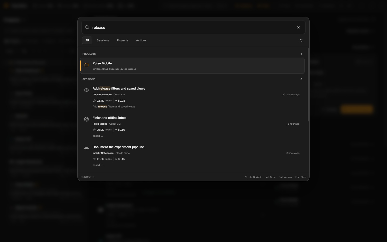Ctrl+K search with a matching session and message preview