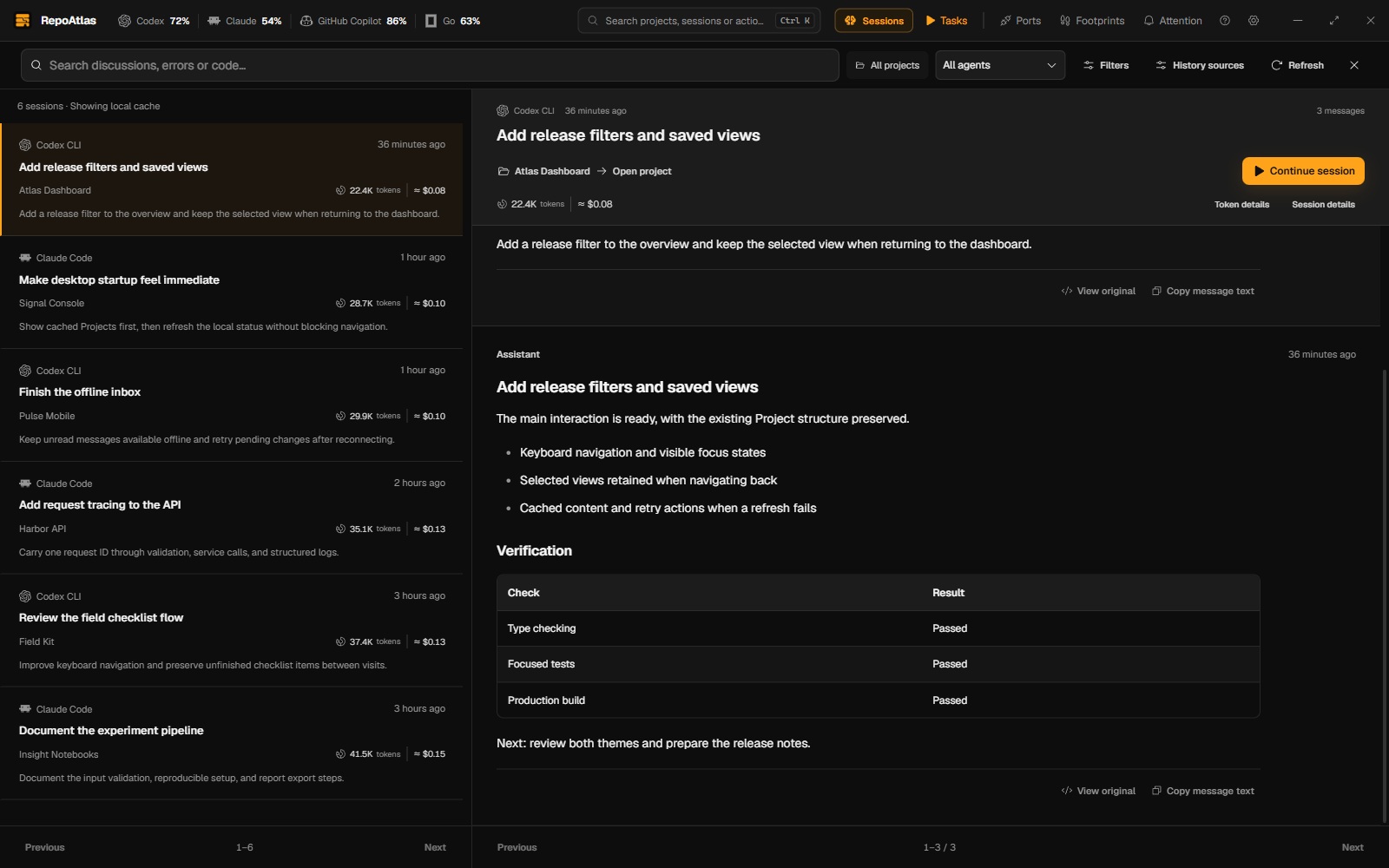 Sessions: search and preview coding conversations