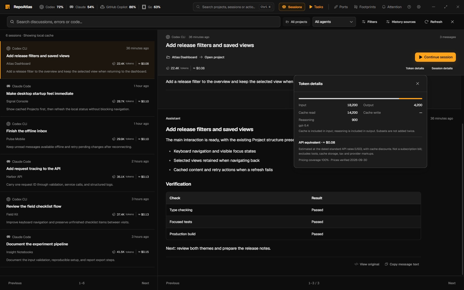 Recorded input, output, cache and reasoning tokens with an API-equivalent estimate