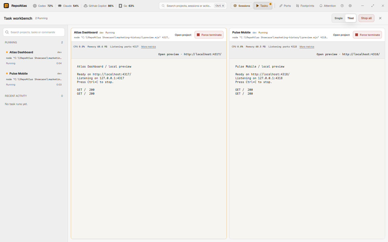 The RepoAtlas global task workbench with a runtime monitor and live terminal output
