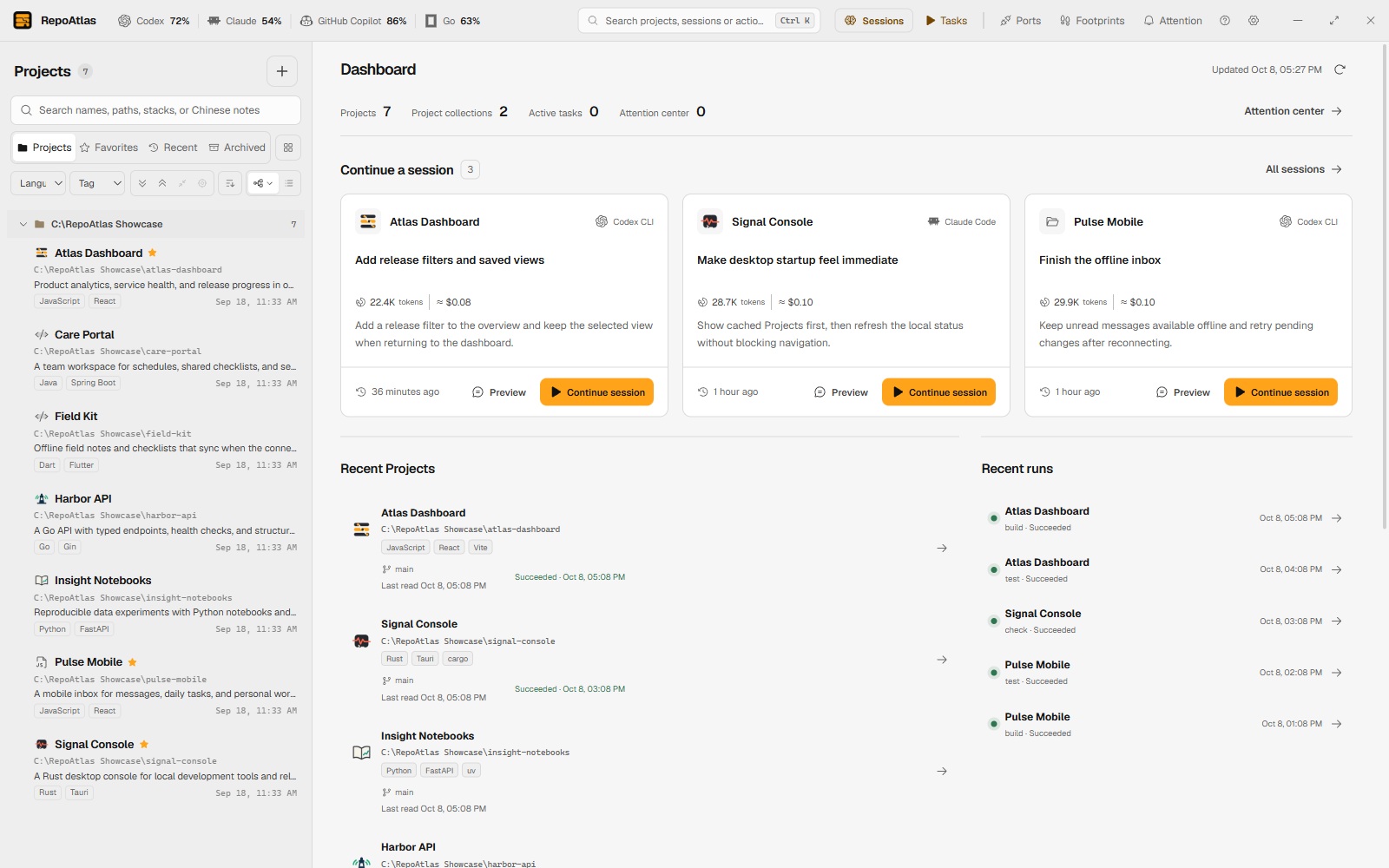 RepoAtlas home workspace: recent sessions, Projects and task runs