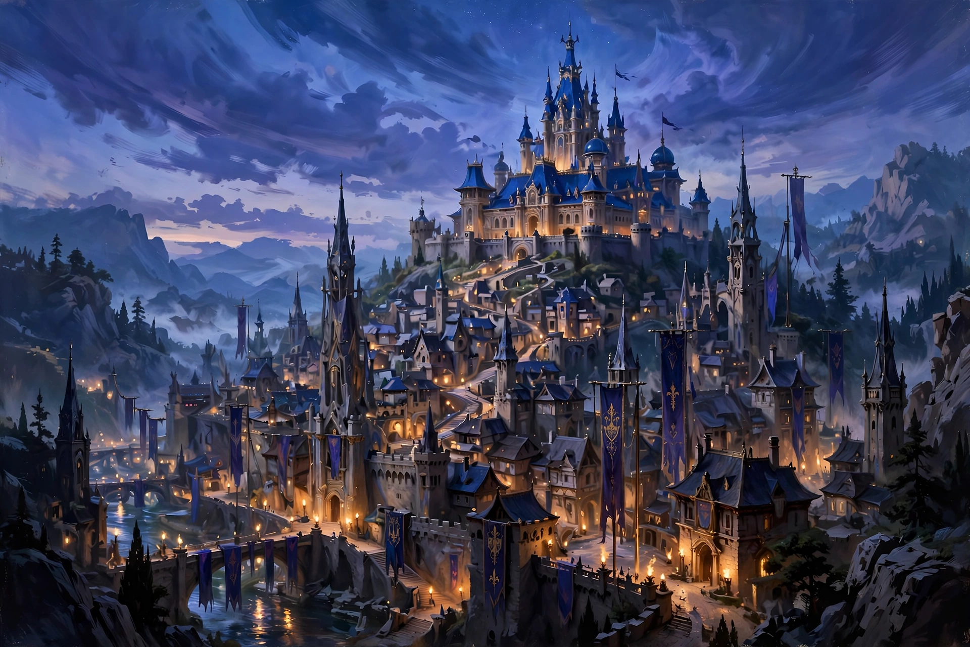 The spired court city of Caltheris Proper at dusk