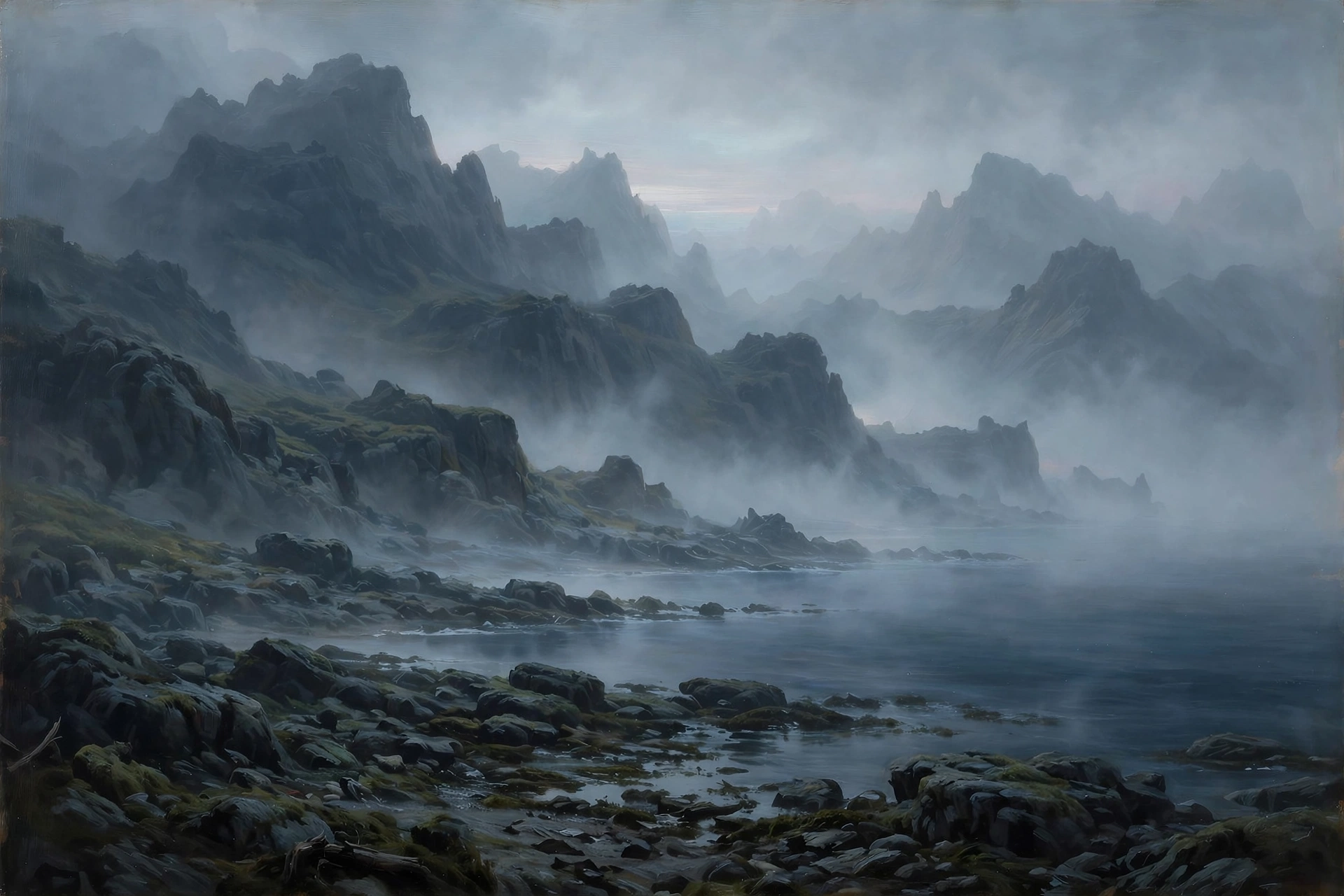 Misty uncharted coastline of Dracos Reach
