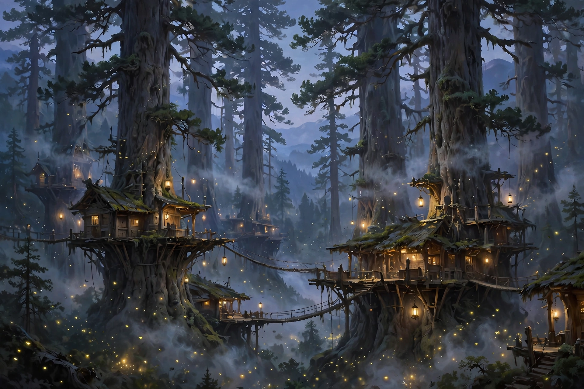The hidden forest greenhold of Everpine at twilight