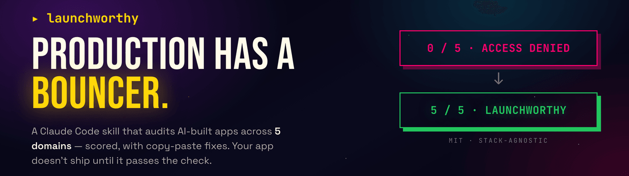 launchworthy. Production has a bouncer. A Claude Code skill that audits AI-built apps across 5 domains, scored, with copy-paste fixes. From 0/5 access denied to 5/5 launchworthy. MIT, stack-agnostic.
