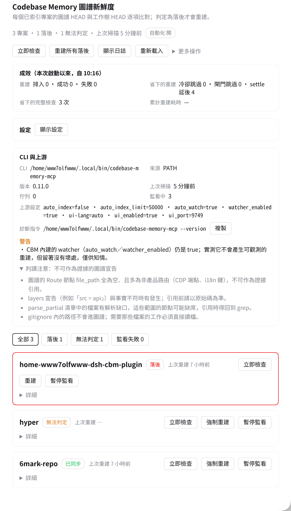 設定 →「CBM 圖譜」:最上面是本次啟動以來的重建成效,下面是每個專案的圖譜 HEAD 與工作樹 HEAD 逐項比對,落後的排在最前面