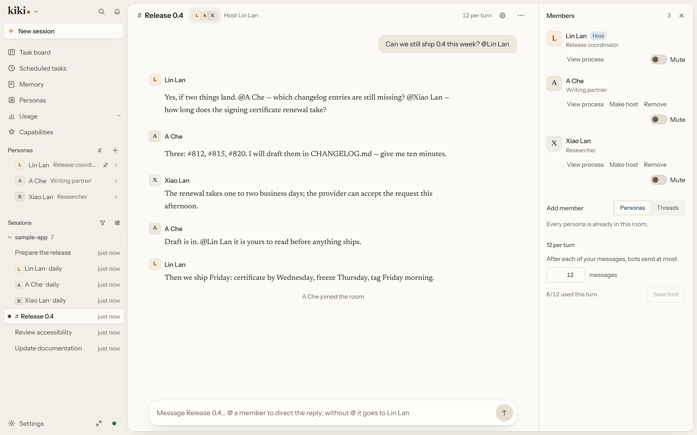 A room where three personas discuss a release, each message attributed to its speaker.