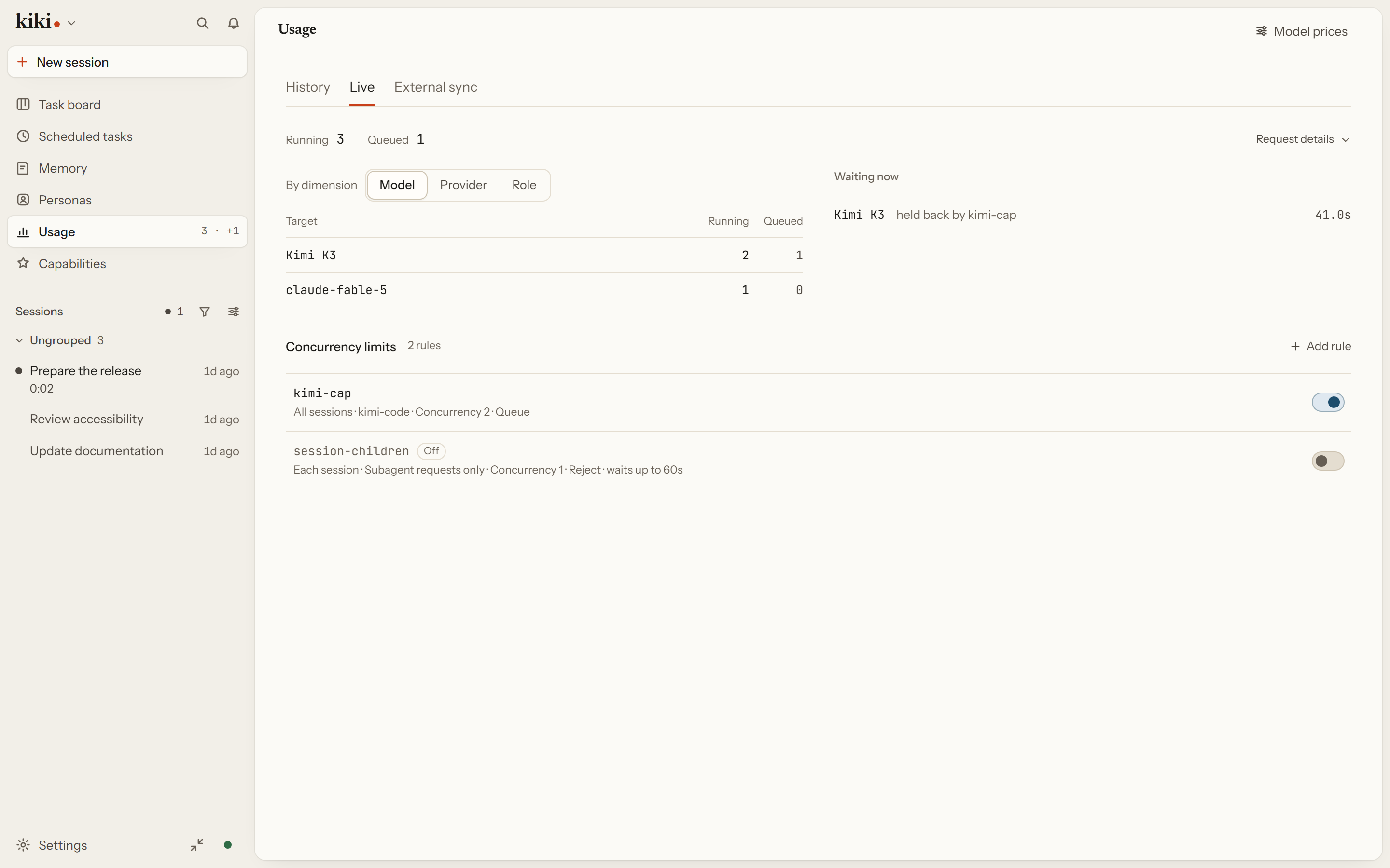 The usage page's Live tab: a request waiting on a named concurrency rule, with the rule list below showing one enabled and one paused.