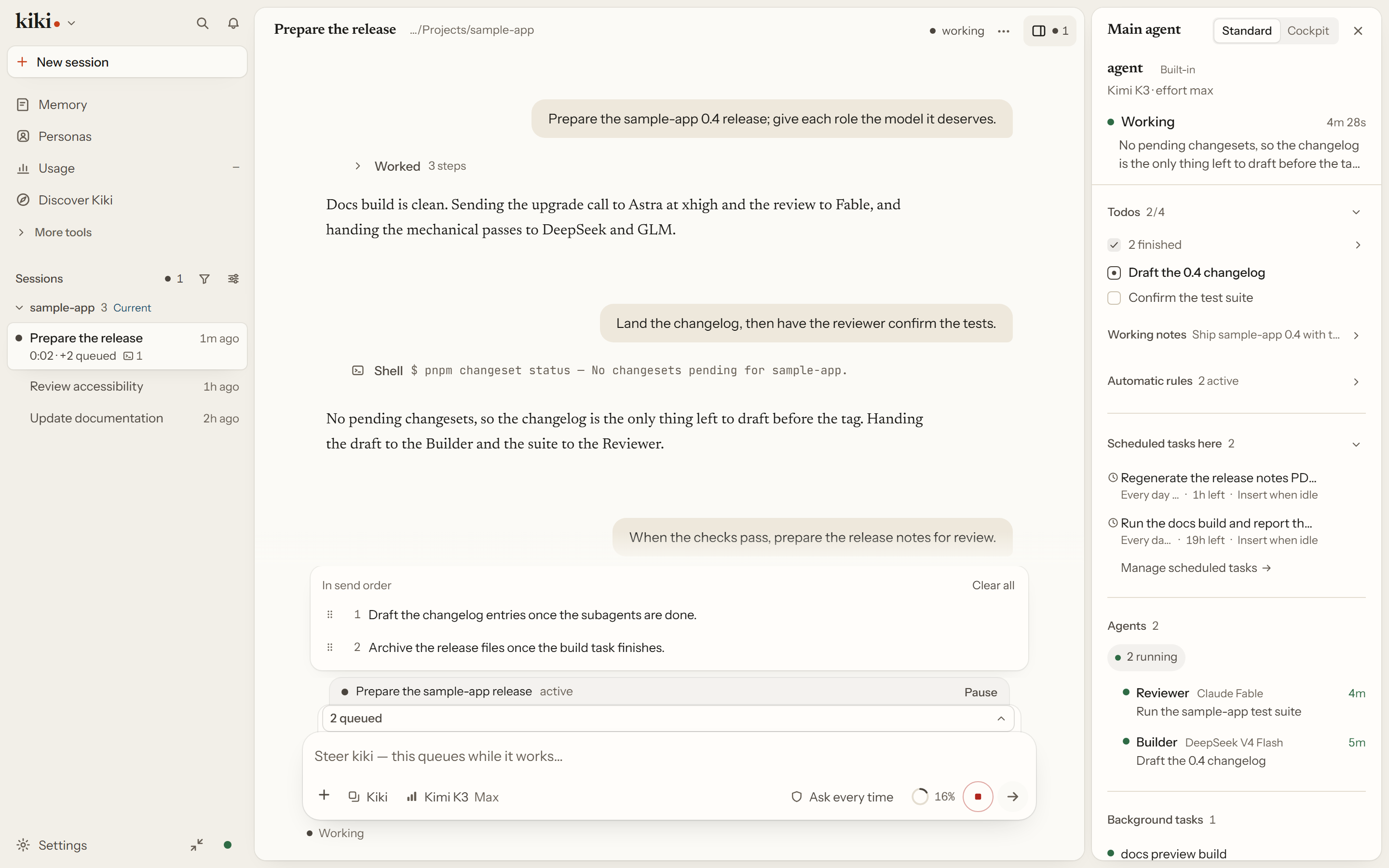 The Kiki workbench: a lead session with the subagents it dispatched, an active goal, and a queued message.
